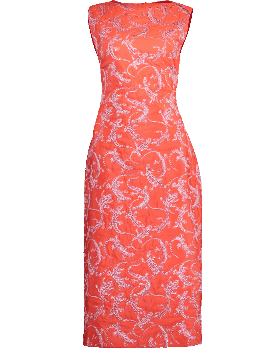 BRANDON MAXWELL-Lizard Jacquard Tea Length Dress-RED/PINK