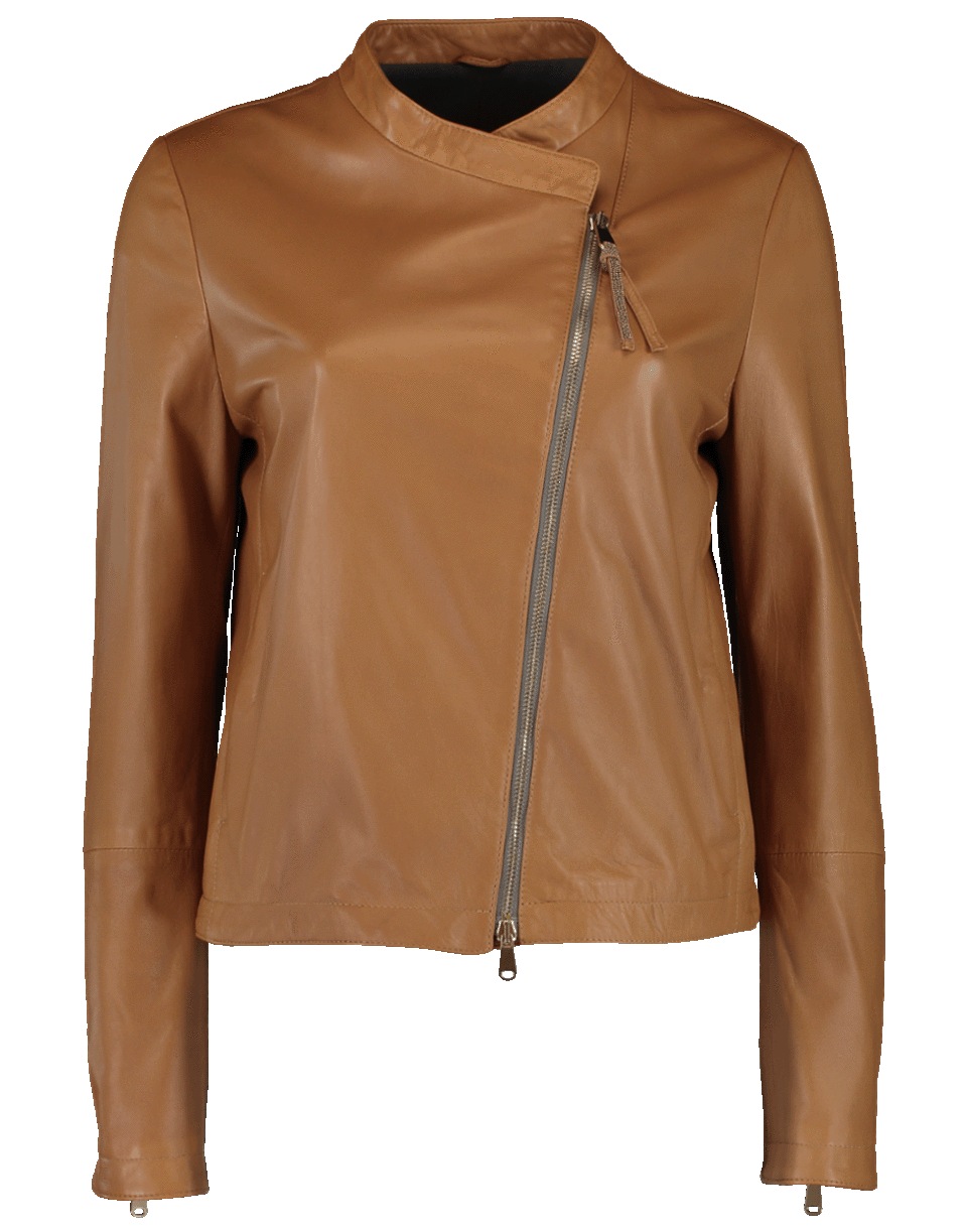 BRUNELLO CUCINELLI-Leather Asymmetrical Zip Jacket-