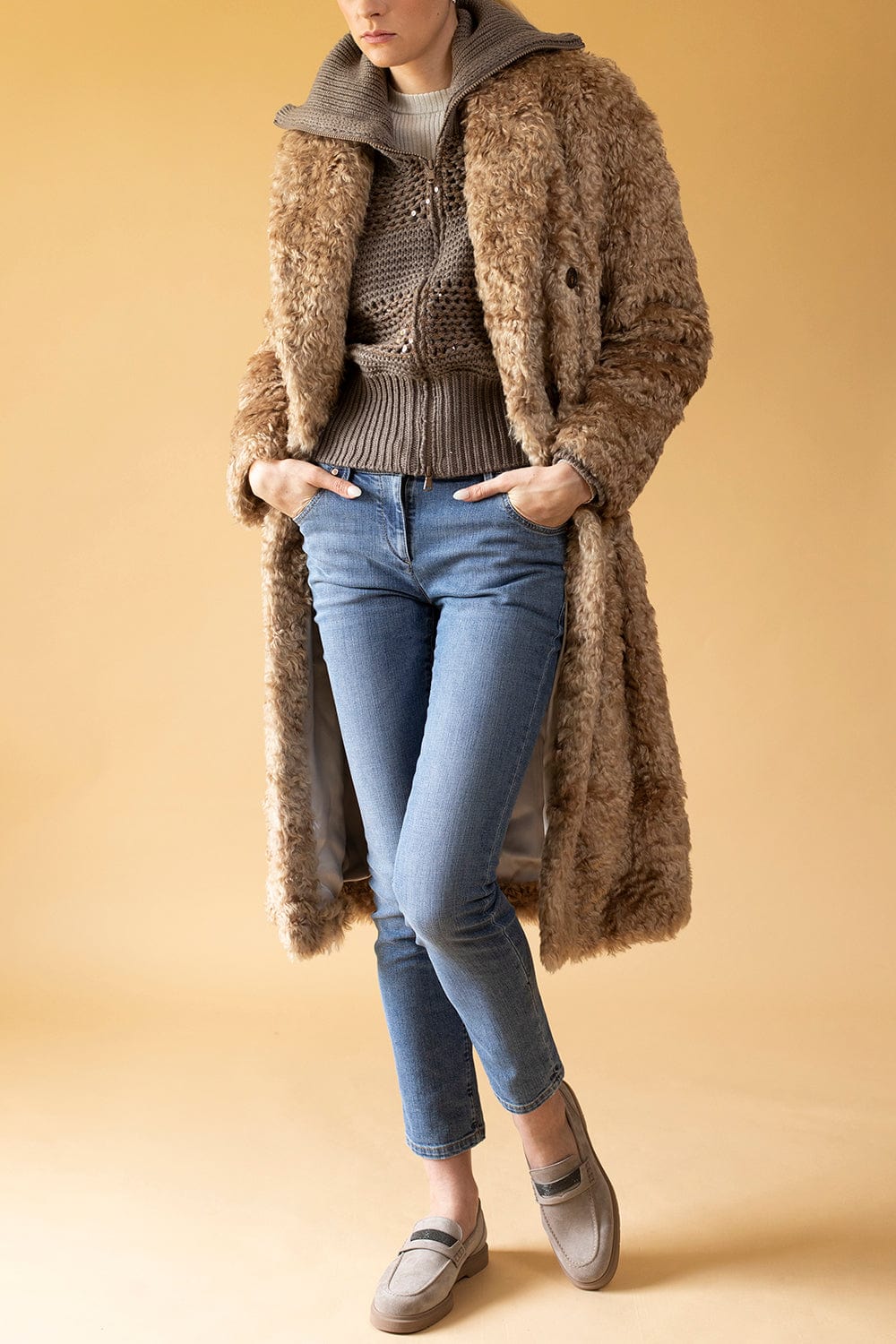 BRUNELLO CUCINELLI-Curly Mohair Double Breasted Coat-CAMEL