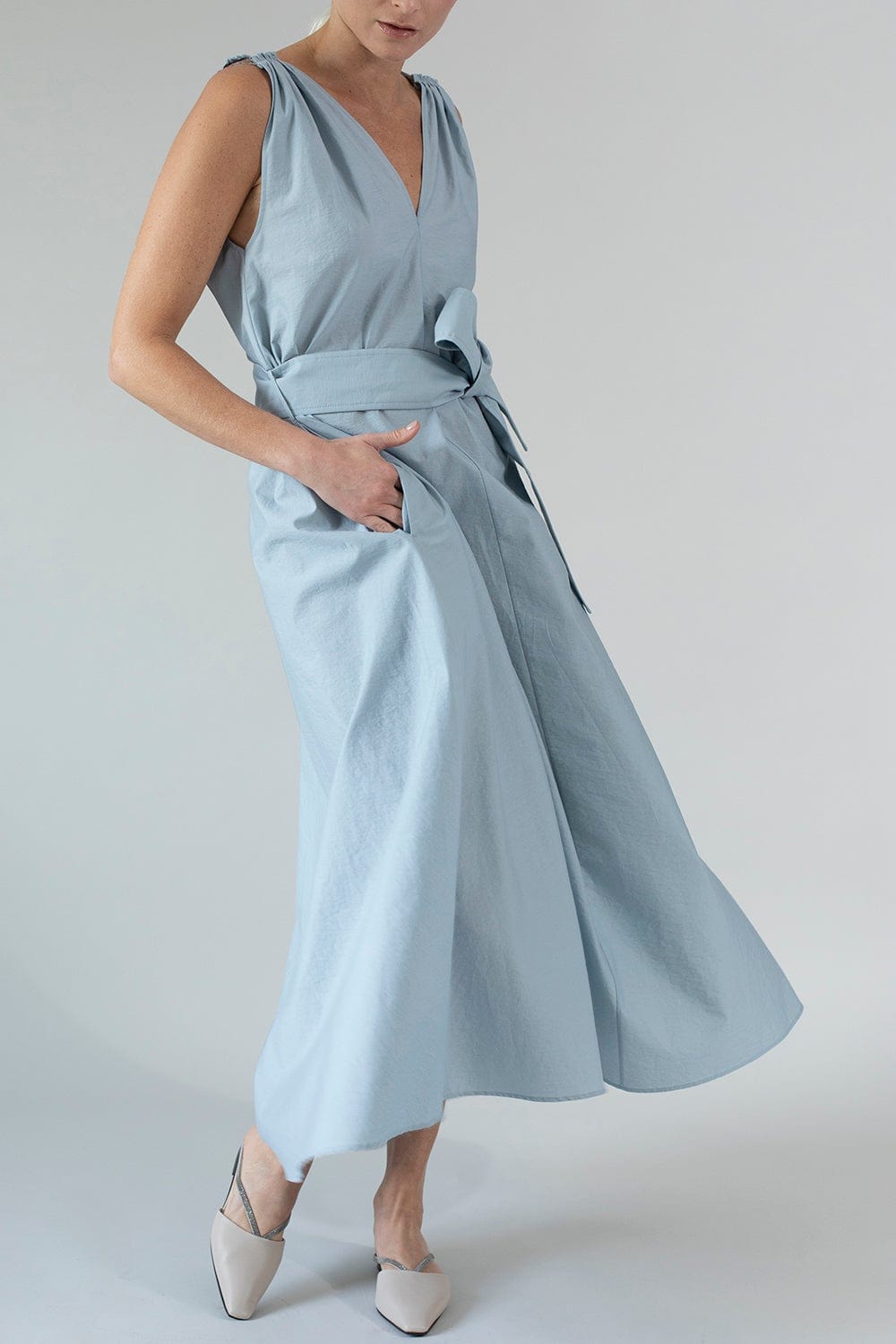 BRUNELLO CUCINELLI-Sleeveless Poplin Belted Dress - Pale Blue-