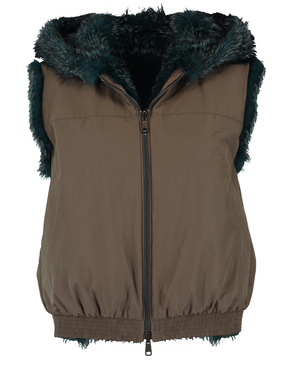 BRUNELLO CUCINELLI-Fox Fur Reversible Hooded Vest-PEACOCK