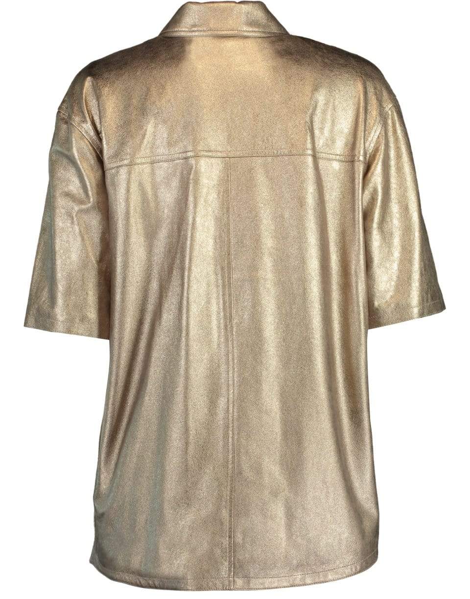 BRUNELLO CUCINELLI-Gold Metallic Short Sleeve Snap Front Leather Shirt-