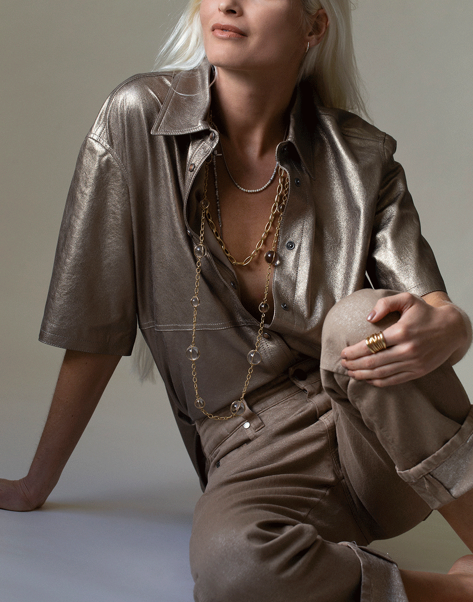 BRUNELLO CUCINELLI-Gold Metallic Short Sleeve Snap Front Leather Shirt-