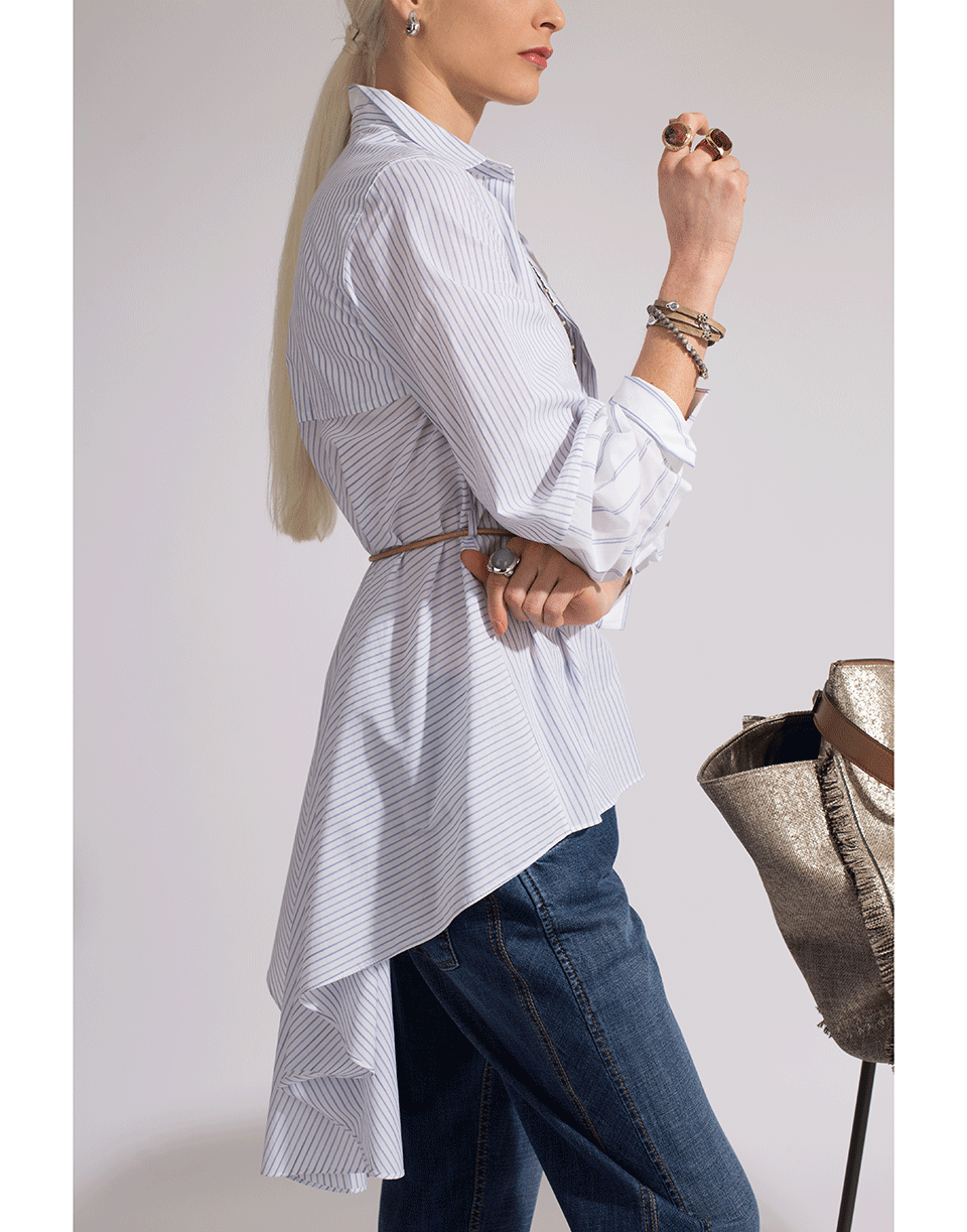 BRUNELLO CUCINELLI-Hi-Low Striped Belted Blouse-