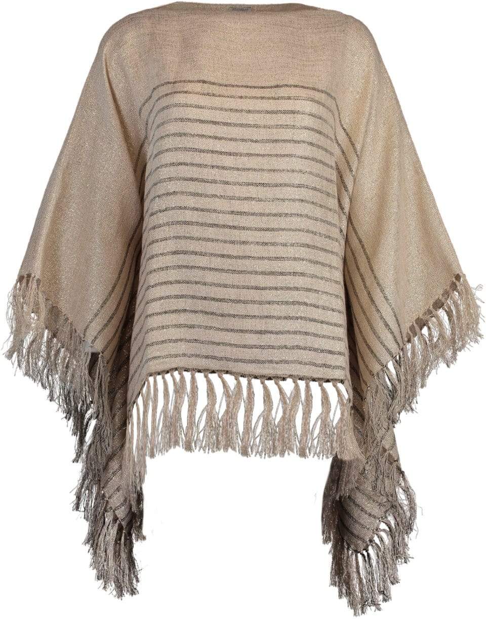 BRUNELLO CUCINELLI-Beige and Grey Striped Fringe Poncho-BEIG/BLK