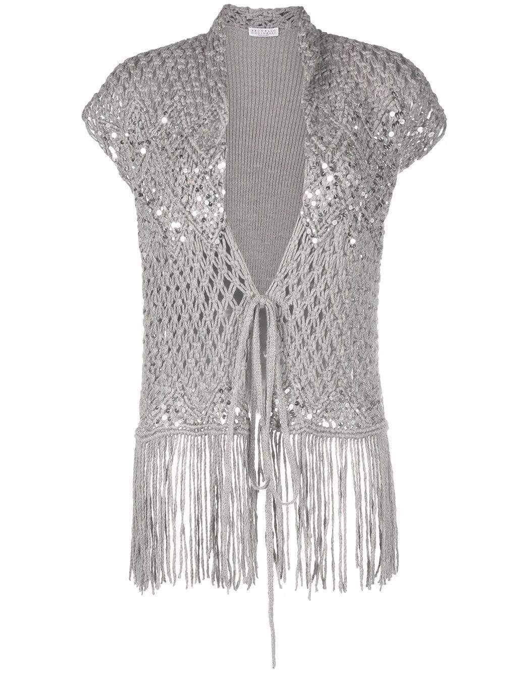 BRUNELLO CUCINELLI-Sequin-Embellished Crochet Knit Pailette Vest-