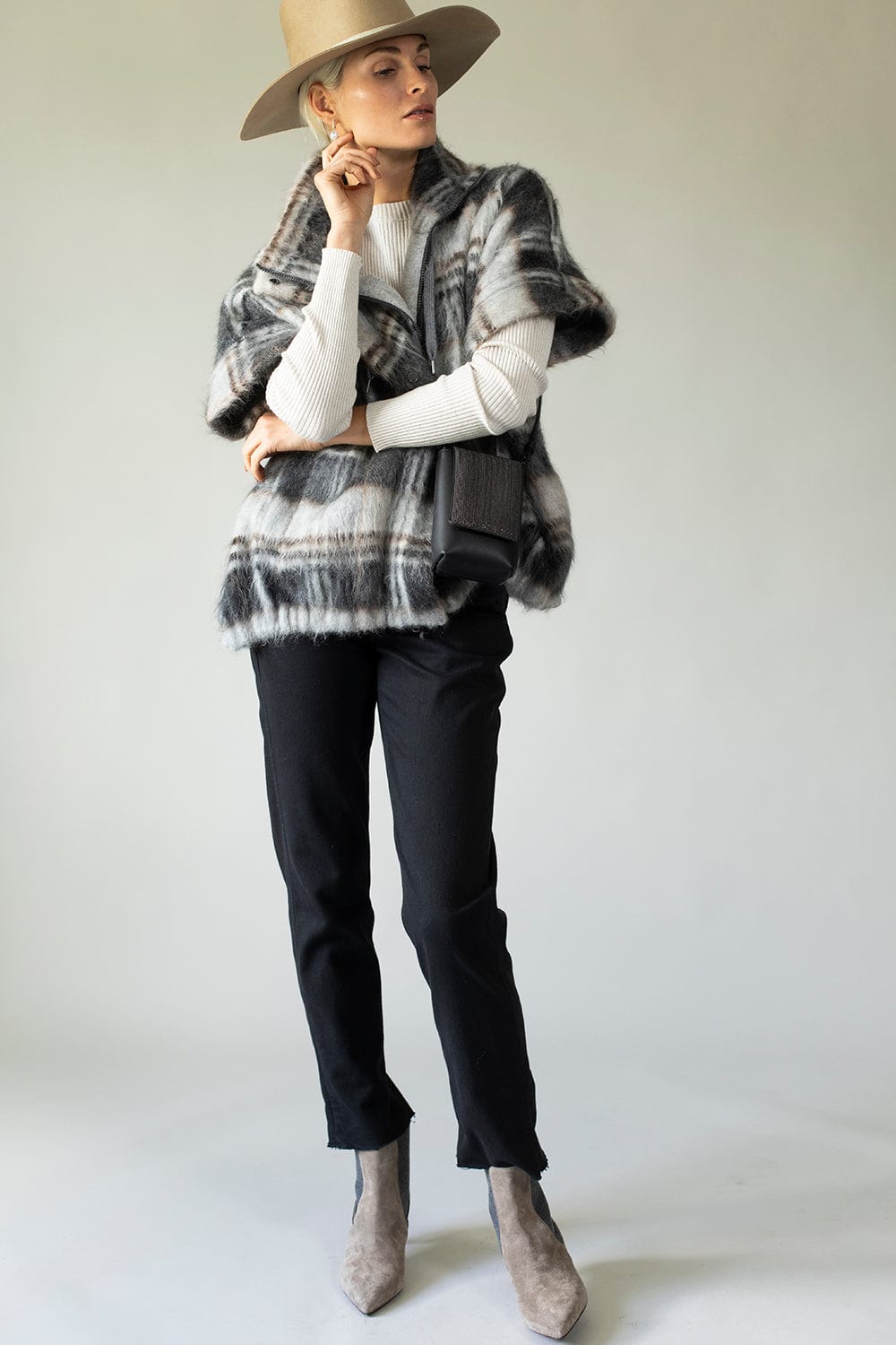 BRUNELLO CUCINELLI-Plaid Poncho With Zip Front-GRIG PANAMA