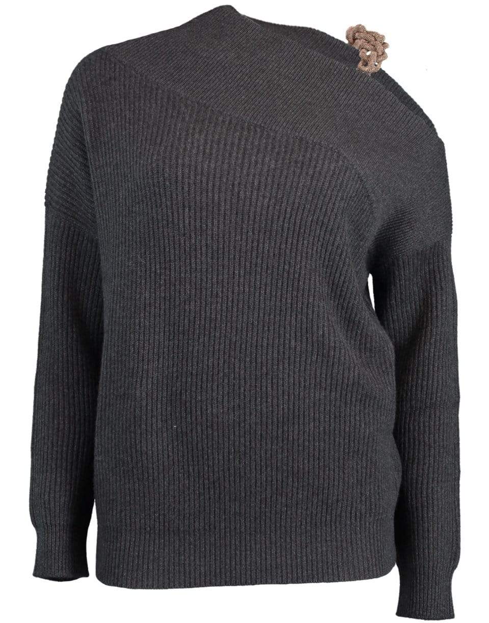 BRUNELLO CUCINELLI-Black Stone Cashmere Ribbed Off the Shoulder Monili Knit Sweater-