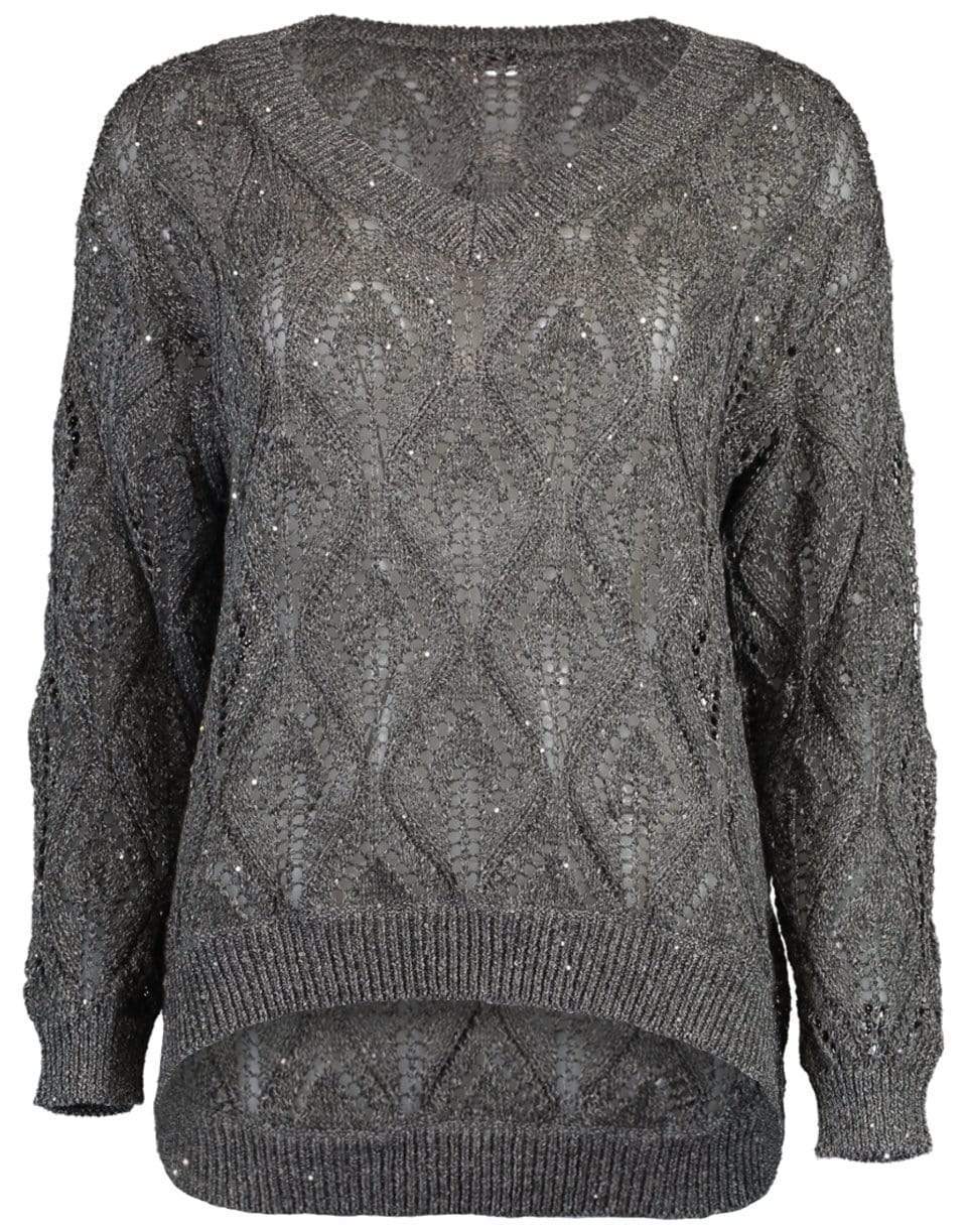 BRUNELLO CUCINELLI-Diamond Crochet V-Neck Woven Sweater-