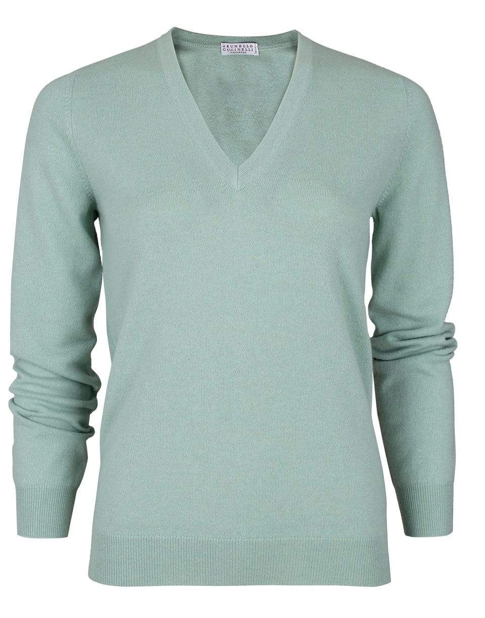 BRUNELLO CUCINELLI-Peppermint Cashmere Basis V-Neck Sweater-