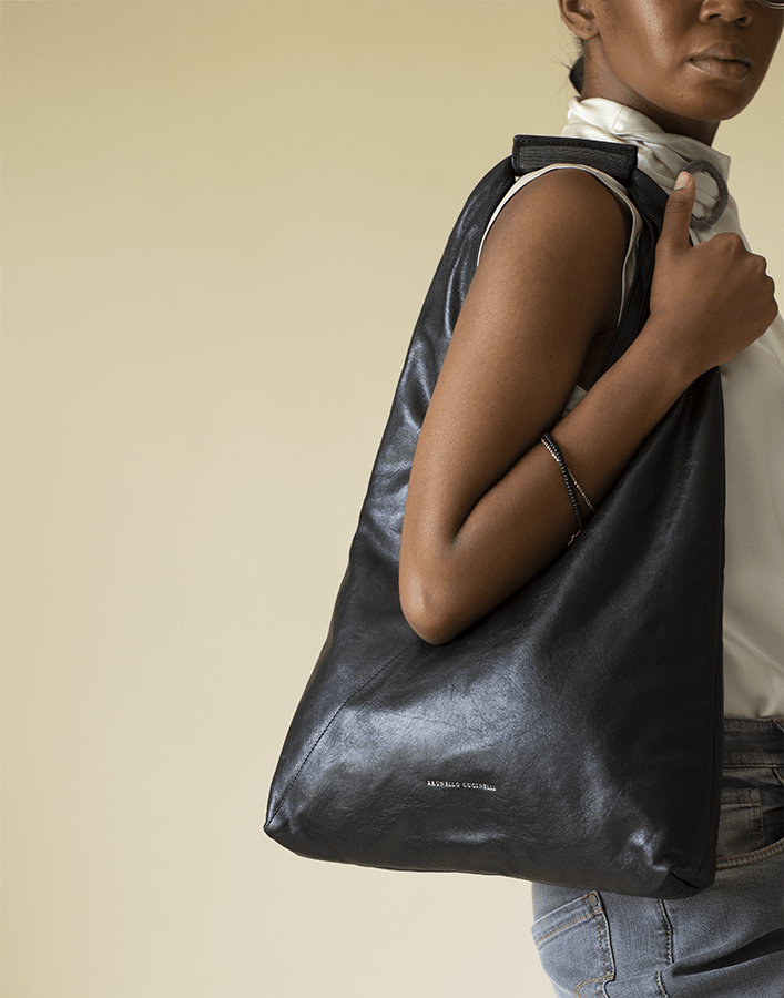 BRUNELLO CUCINELLI-Greased Leather Hobo Bag-BLACK