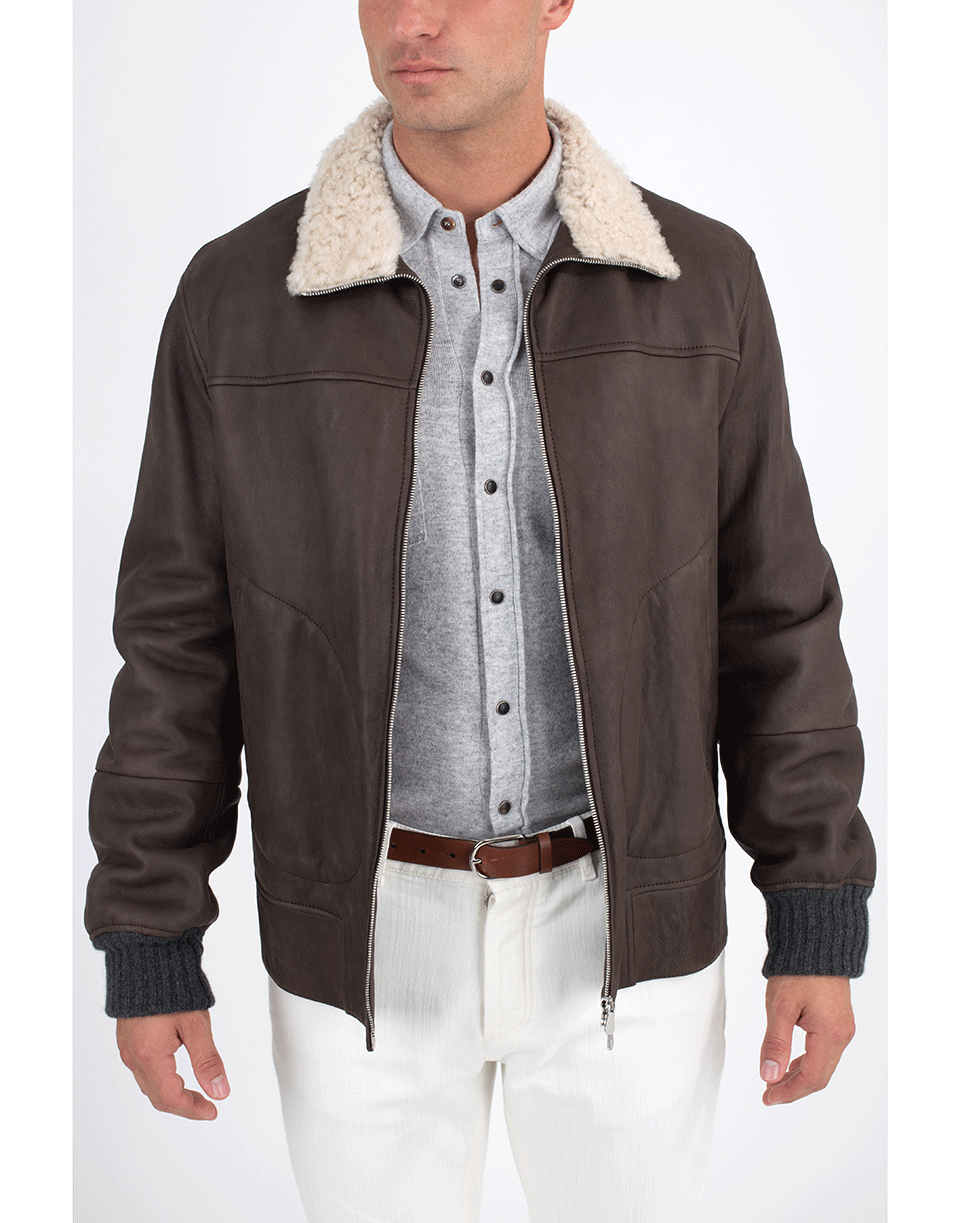 BRUNELLO CUCINELLI-Dark Brown Leather Jacket-