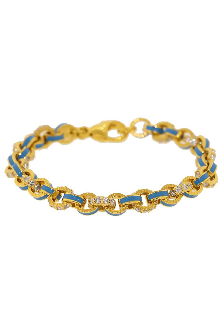 BUDDHA MAMA-Sky Blue Enamel and Pave Diamond Link Bracelet-YELLOW GOLD