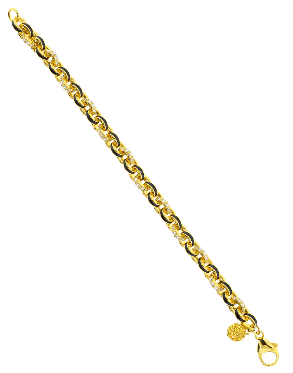 BUDDHA MAMA-Black Enamel and Diamond Link Bracelet-YELLOW GOLD