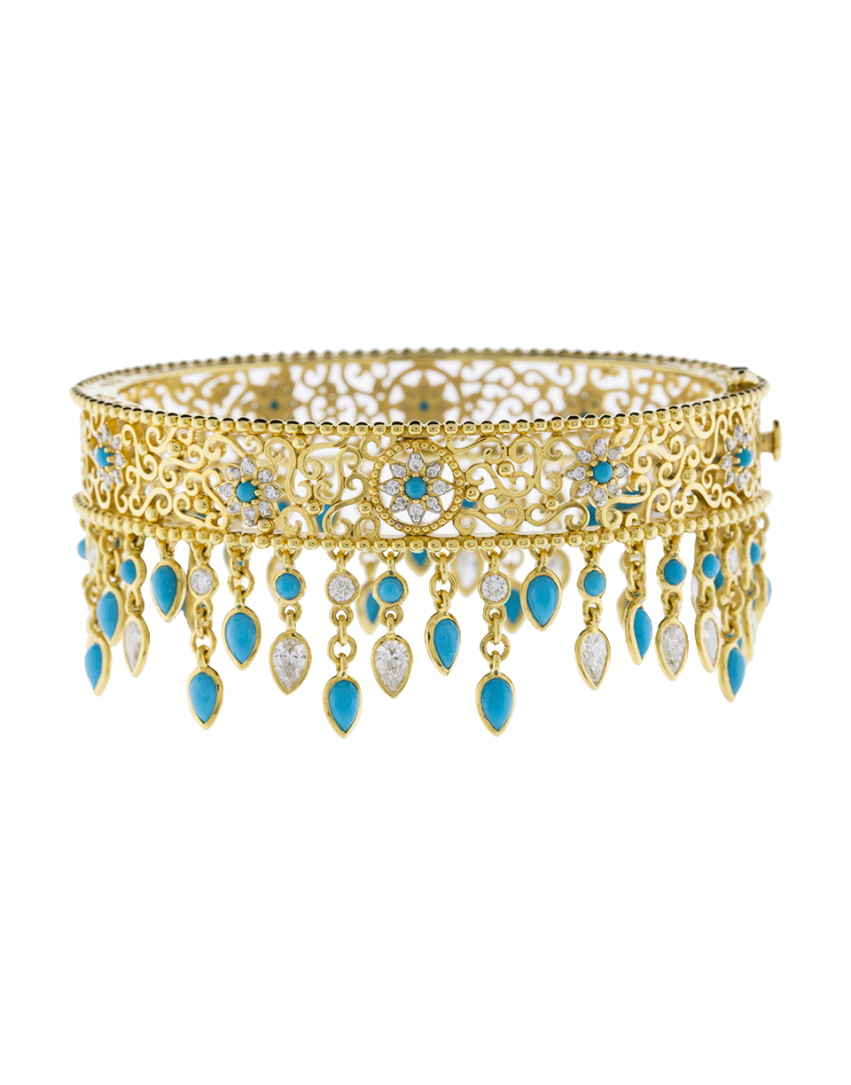 BUDDHA MAMA-Sleeping Beauty Turquoise And Diamond Filgree Bangle-YELLOW GOLD
