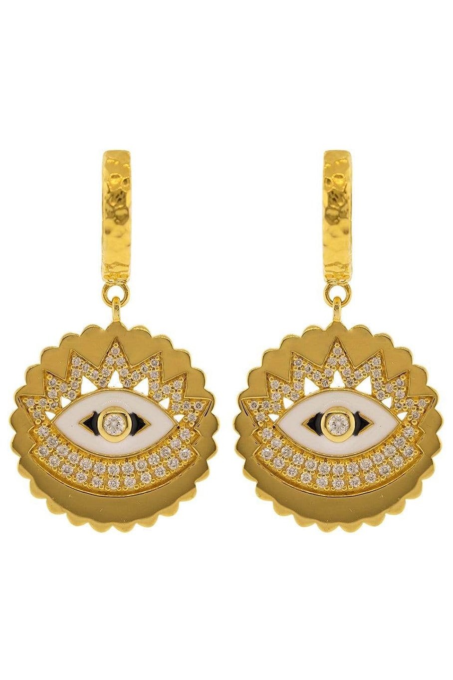BUDDHA MAMA-Enamel and Diamond Evil Eye Drop Huggies-YELLOW GOLD