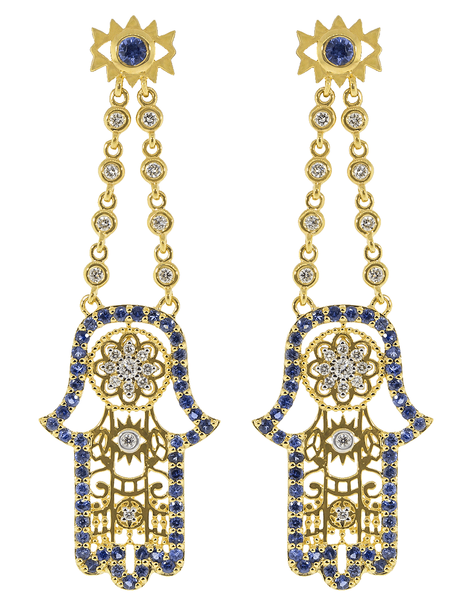 BUDDHA MAMA-Blue Sapphire and Diamond Hamsa Drop Earrings-YELLOW GOLD