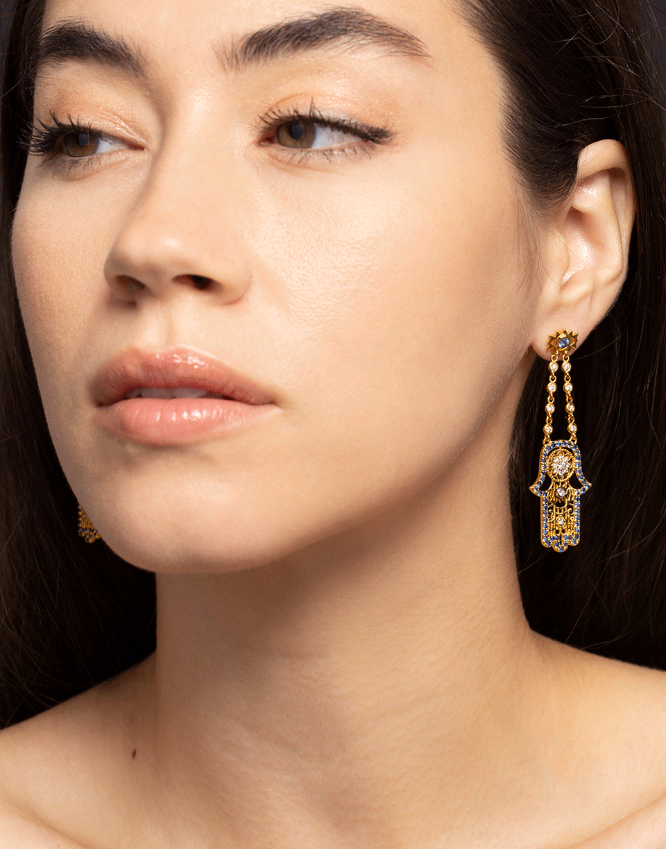 BUDDHA MAMA-Blue Sapphire and Diamond Hamsa Drop Earrings-YELLOW GOLD