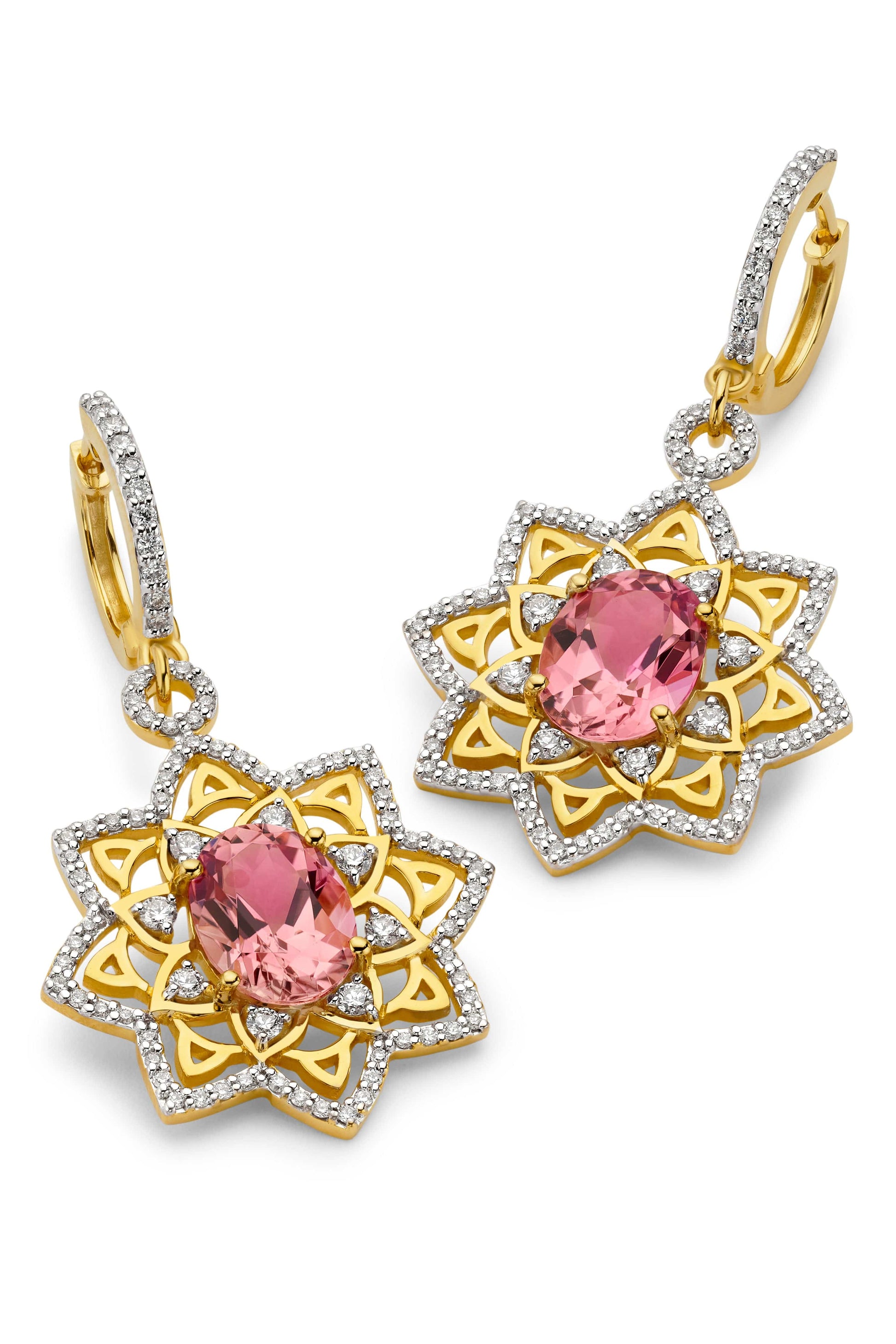 BUDDHA MAMA-Pink Tourmaline Star Mandala Earrings-YELLOW GOLD