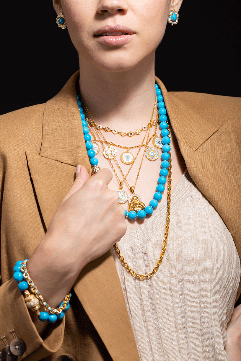 BUDDHA MAMA-Turquoise and Enamel Beaded Necklace-YELLOW GOLD