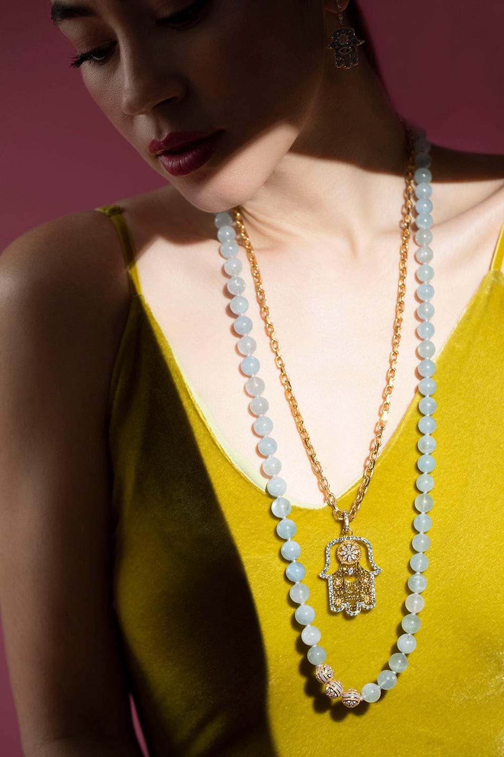 BUDDHA MAMA-Aquamarine and Mandala Bead Necklace-YELLOW GOLD