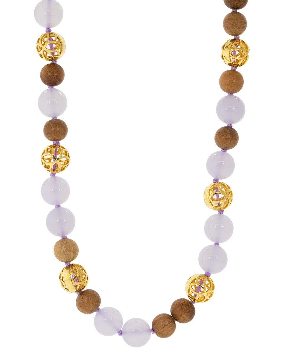 BUDDHA MAMA-Chalcedony and Wood Beaded Necklace-YELLOW GOLD