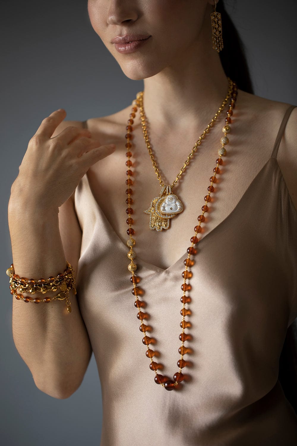 BUDDHA MAMA-Hessonite Garnet Wrap Necklace-YELLOW GOLD