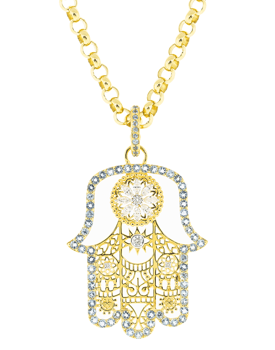 BUDDHA MAMA-Large Hamsa Aquamarine and Diamond Pendant-YELLOW GOLD