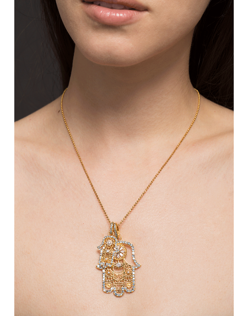BUDDHA MAMA-Small Hamsa Aquamarine and Diamond Pendant-YELLOW GOLD