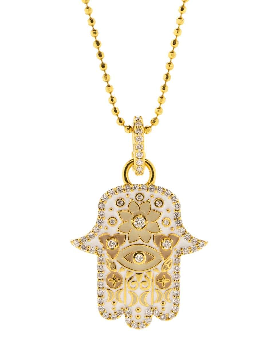 BUDDHA MAMA-Small White Enamel and Diamond Hamsa Pendant-YELLOW GOLD
