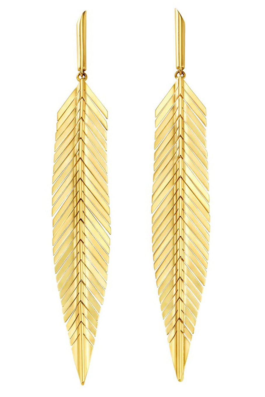 CADAR-Yellow Gold Medium Feather Drop Earrings-YELLOW GOLD