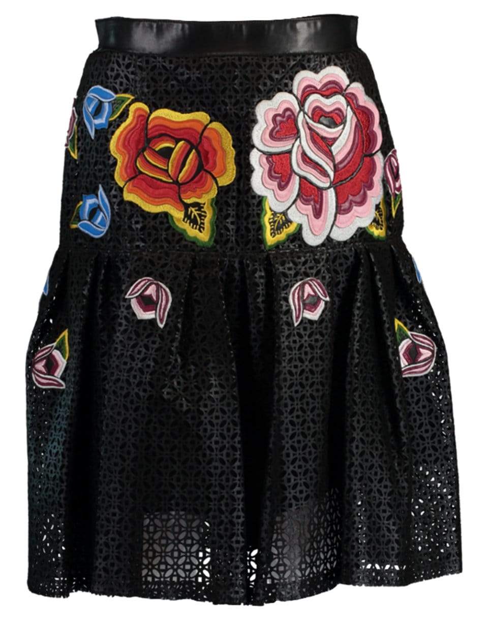 CAROLINA HERRERA-Embroidered Laser Cut Leather Skirt-BLACK