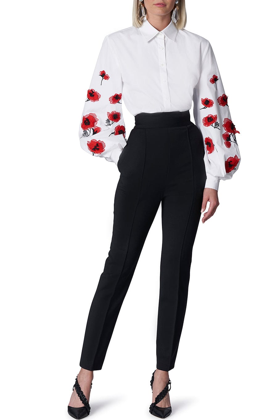 CAROLINA HERRERA-Embroidered Puff Long Sleeve Button Down Blouse-