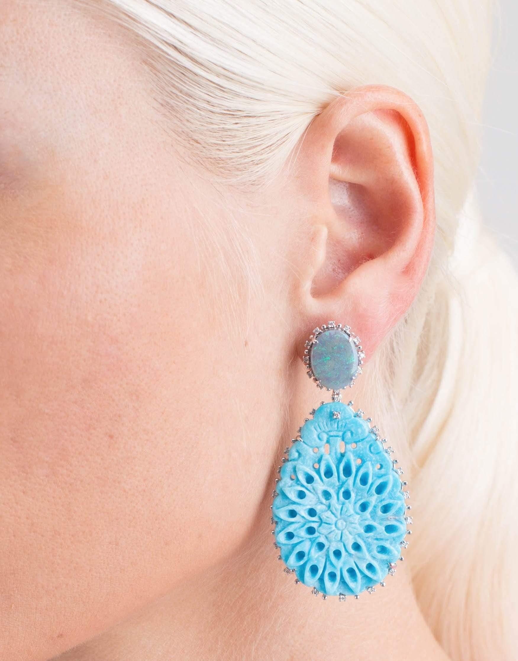 DANA REBECCA DESIGNS-Carved Turquoise And Opal Earrings-WHITE GOLD
