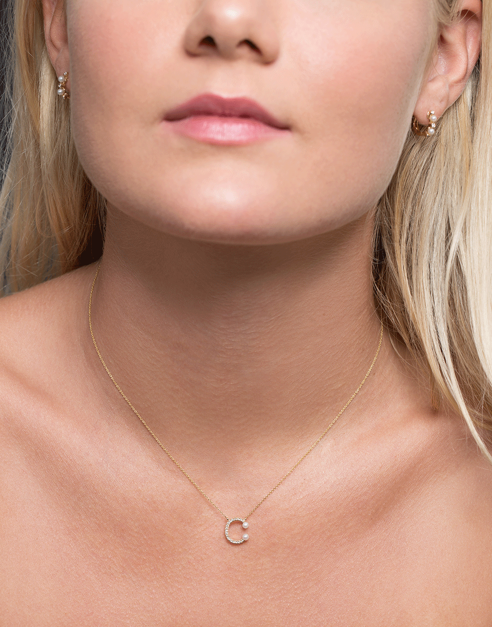 DANA REBECCA DESIGNS-Pearl and Diamond 'C' Pendant Necklace-YELLOW GOLD