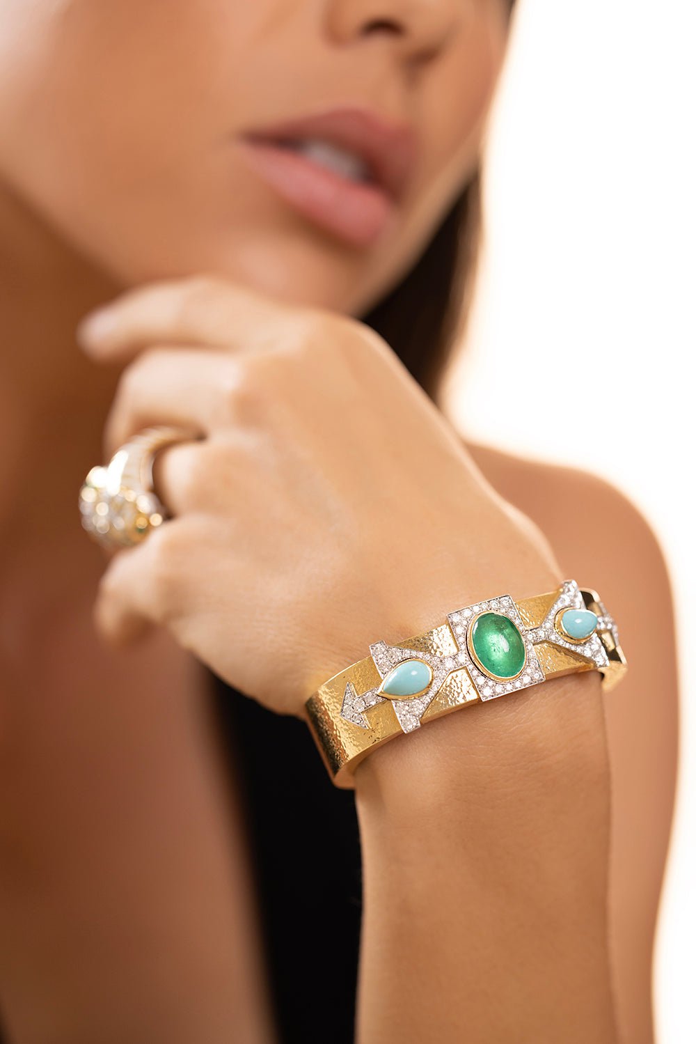 DAVID WEBB-Turquoise and Emerald and Diamond Sonora Cuff-YELLOW GOLD