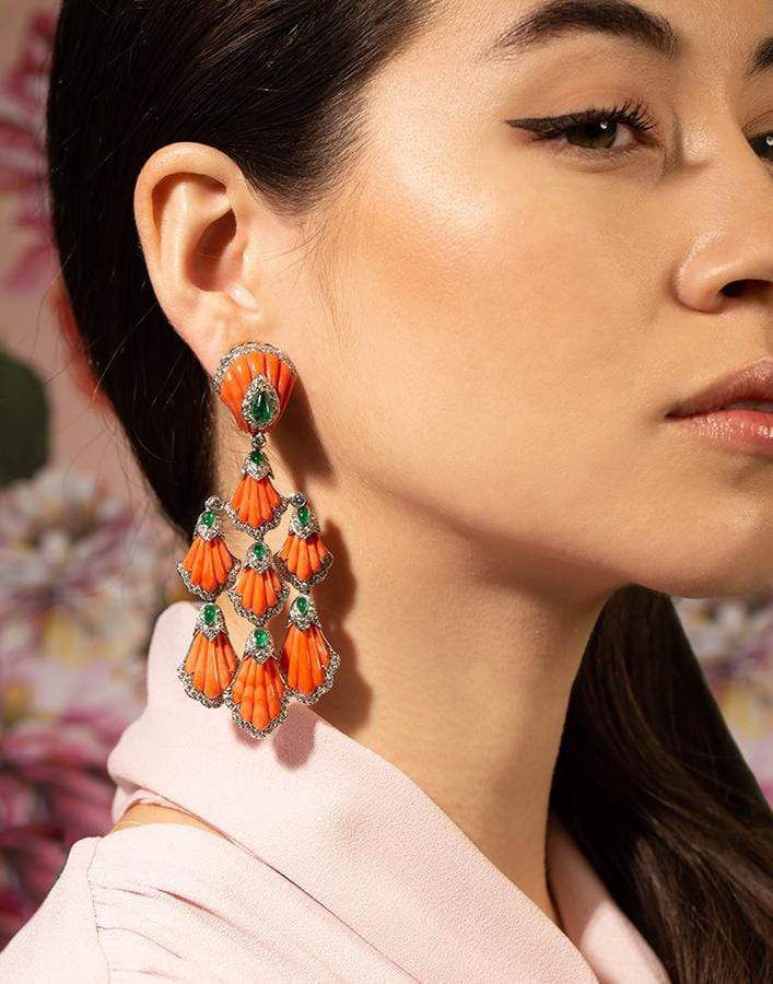DAVID WEBB-Carved Coral and Emerald Siren Earrings-PLATINUM