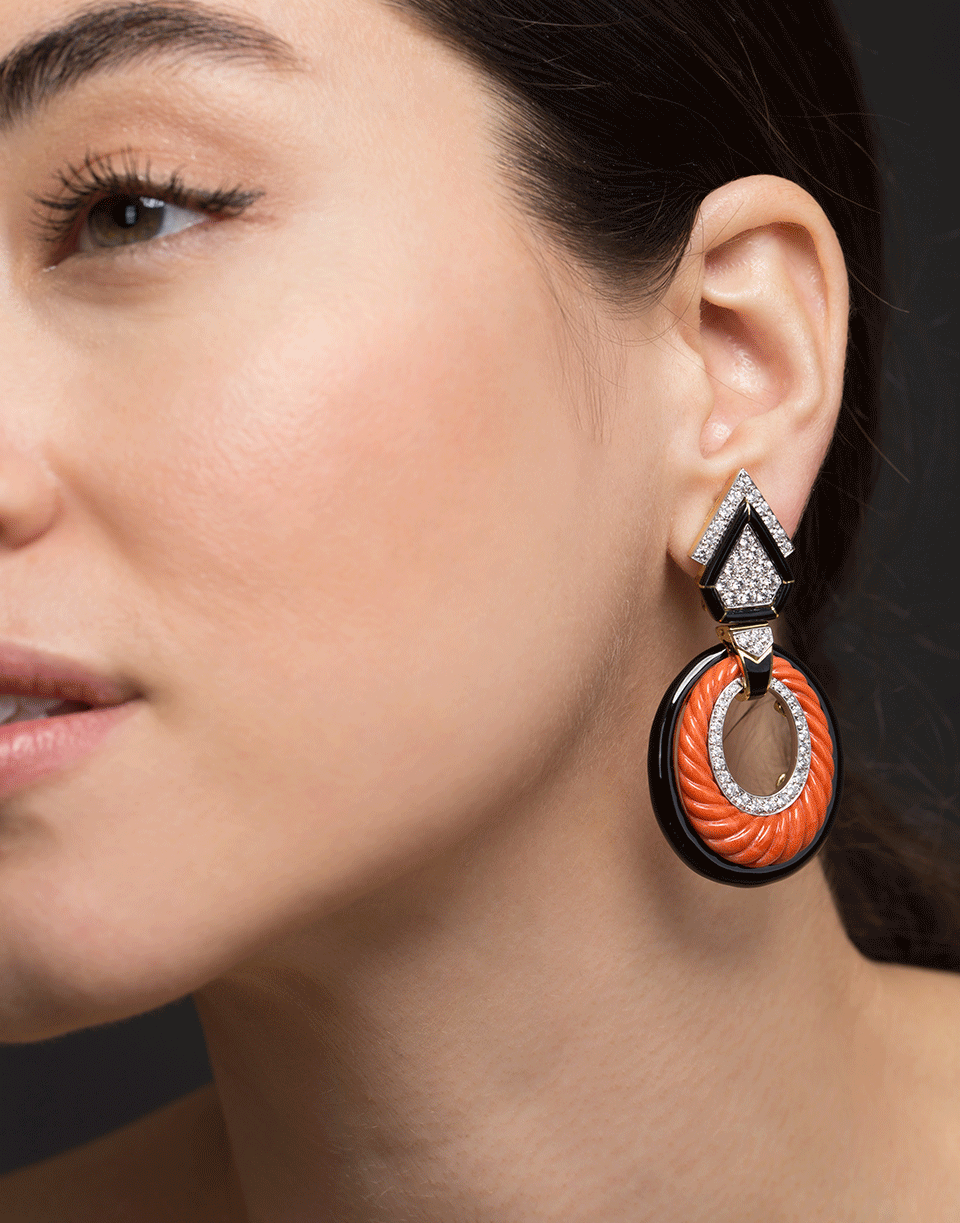 DAVID WEBB-Carved Coral and Black Enamel Hoops-YELLOW GOLD