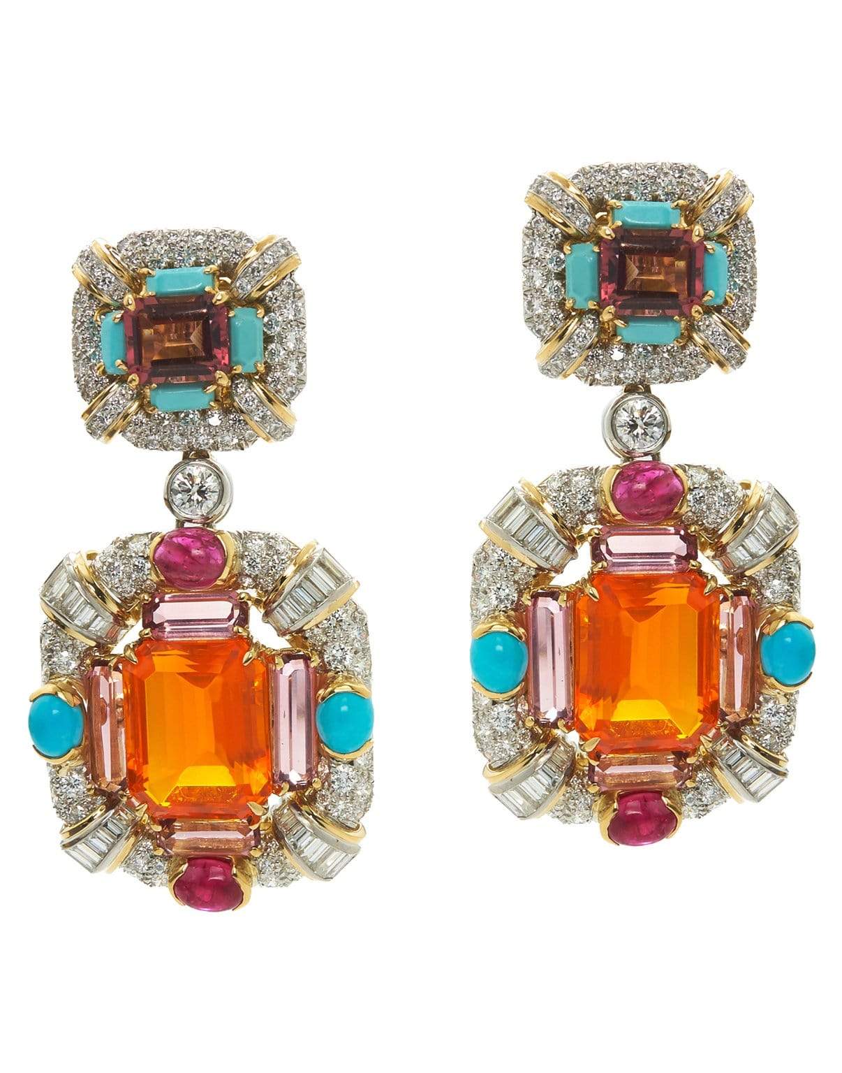 DAVID WEBB-Couture Fire Opal, Turquoise and Diamond Earrings-YELLOW GOLD