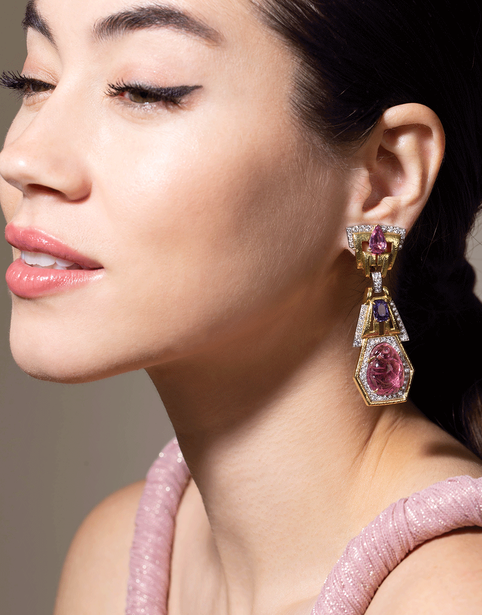 DAVID WEBB-Couture Sapphire, Tourmaline and Diamond Earrings-YELLOW GOLD
