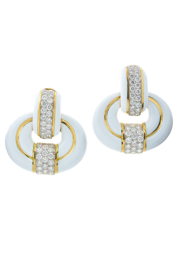 DAVID WEBB-Diamond White Enamel Doorknocker Earrings-YELLOW GOLD