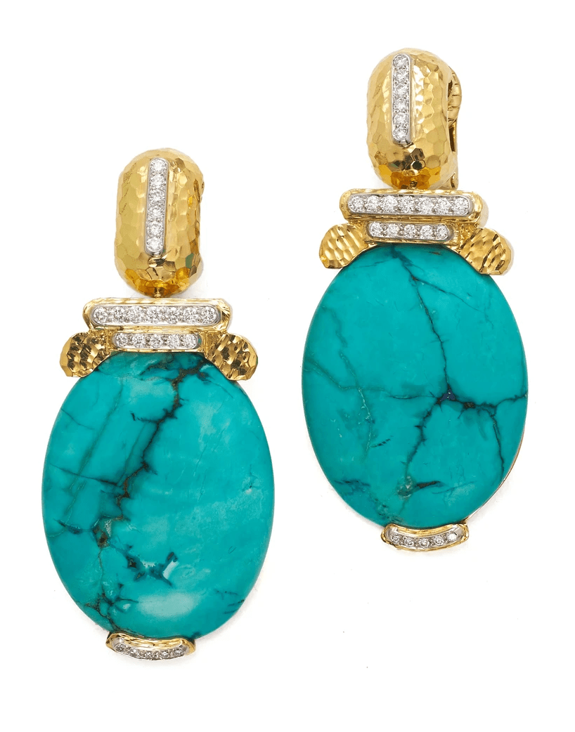 DAVID WEBB-Oval Turquoise and Diamond Earrings-YELLOW GOLD