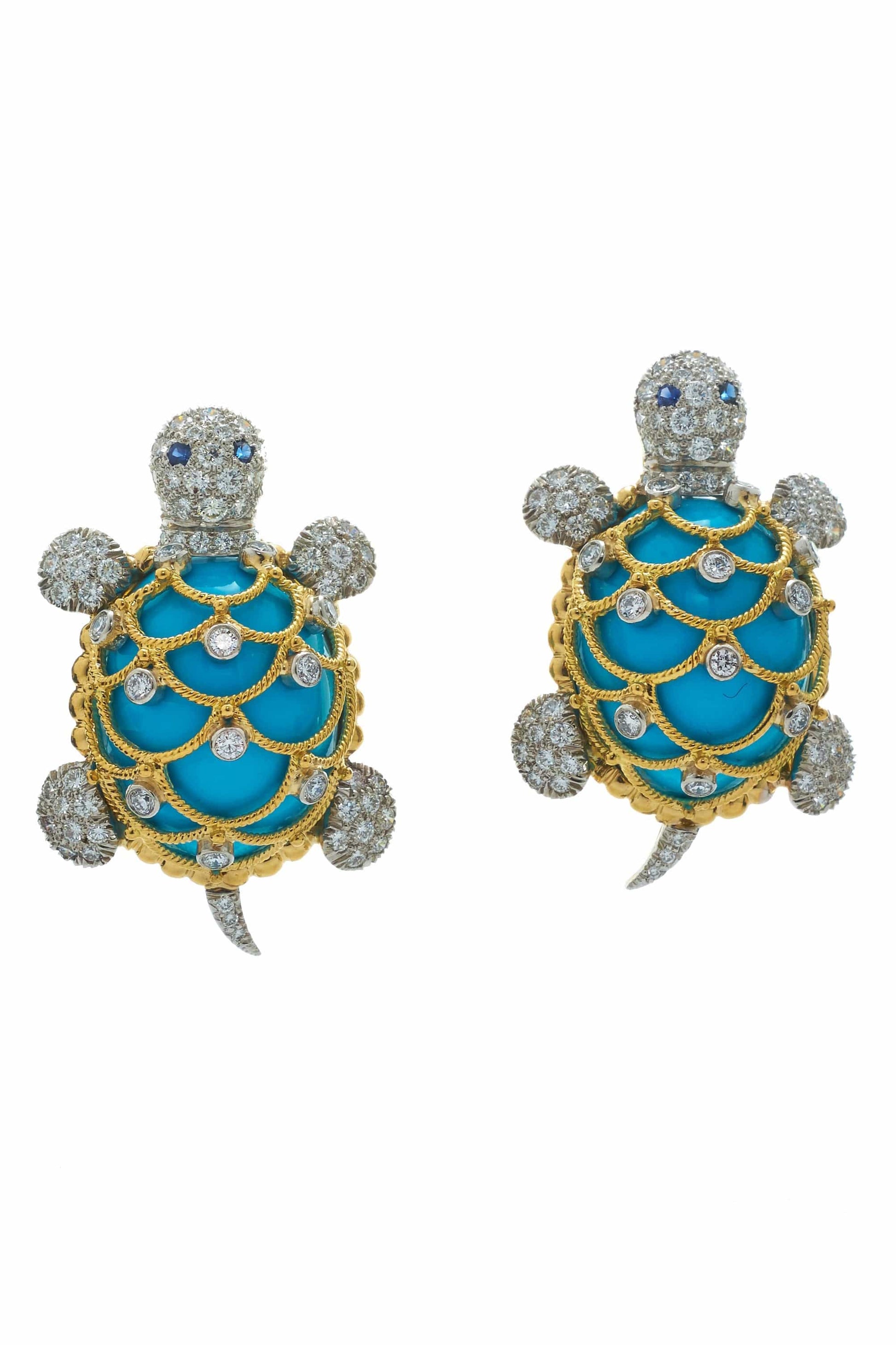 DAVID WEBB-Turquoise Turtle Earrings-YELLOW GOLD
