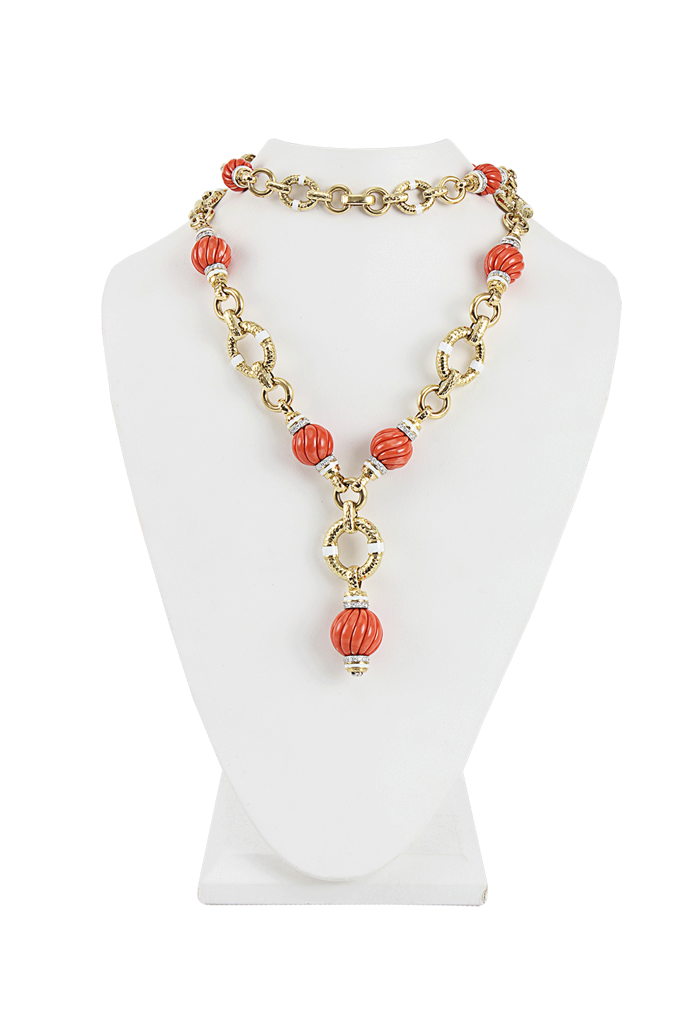 DAVID WEBB-Coral Bead and Diamond Necklace-YLW GOLD