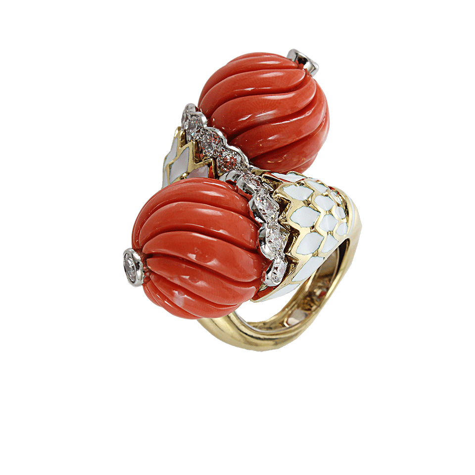 DAVID WEBB-Carved Coral Double Ball Ring-YLW GOLD
