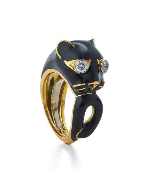 DAVID WEBB-Black Enamel and Diamond Cat Ring-YELLOW GOLD