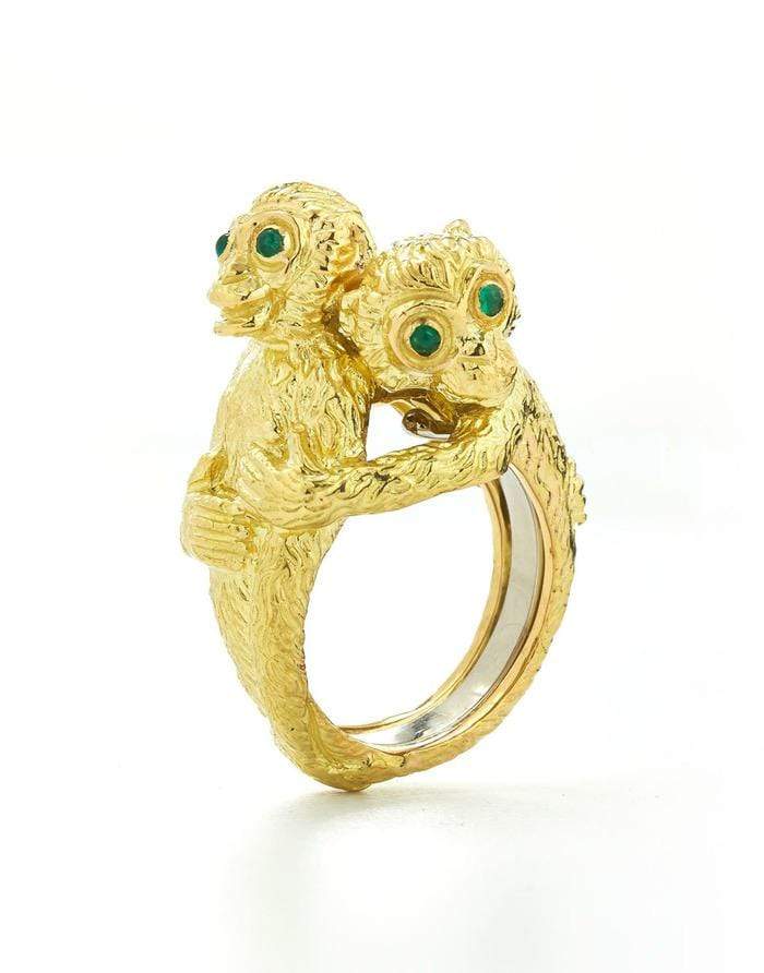 DAVID WEBB-Hugging Monkeys Emerald Ring-YELLOW GOLD
