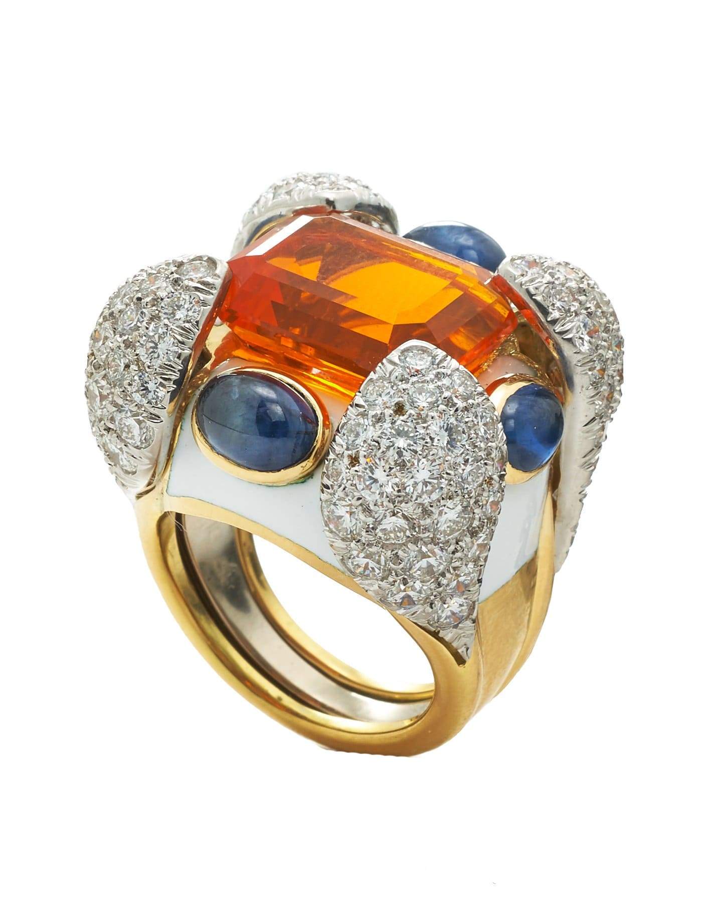 DAVID WEBB-Couture Fire Opal, Sapphire and Diamond Ring-YELLOW GOLD
