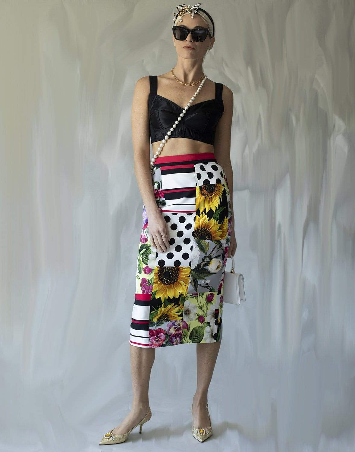 DOLCE & GABBANA-Patchwork Charmeuse Midi Skirt-