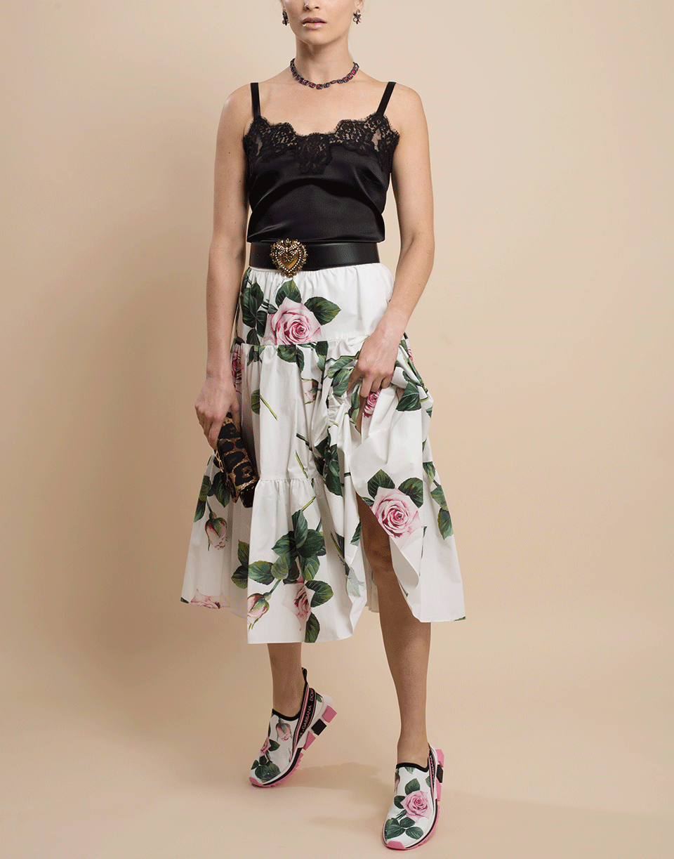 DOLCE & GABBANA-Tropical Rose Print Tiered Poplin Skirt-